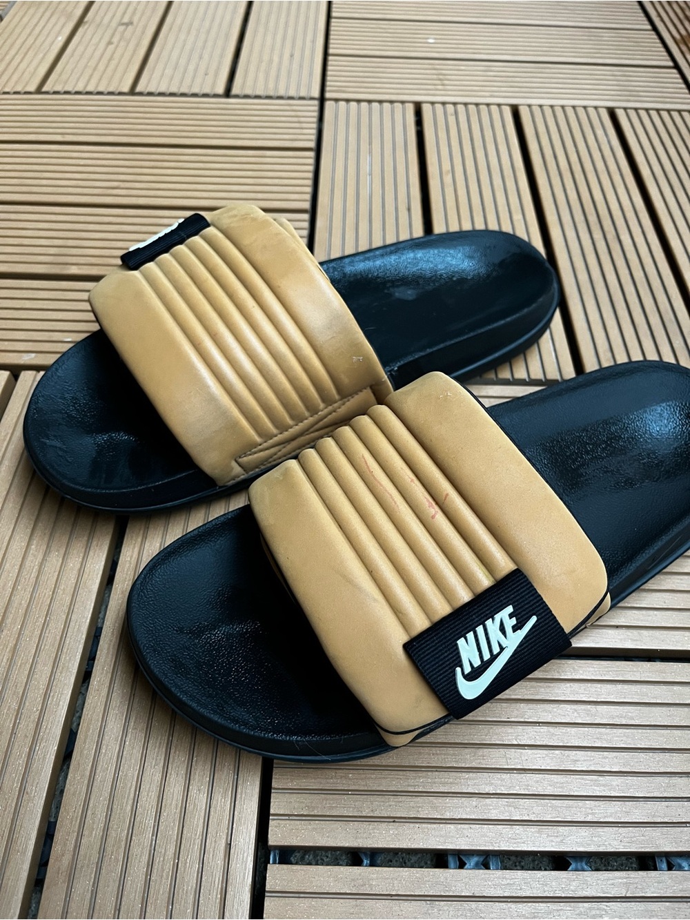 Nike Men’s Black Footbed with Tan Strap Slide Sandals